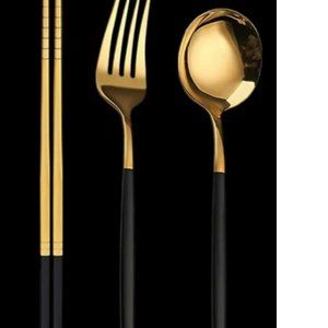 Flatware/cutlery Set - Stainless Steel w/Gold Spoon, Fork, Chopsticks